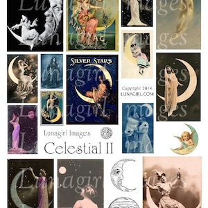 CELESTIAL MOON cyfrowy kolaż arkusz, wiktoriańskie kobiety, efemeryczne pocztówki półksiężyc zdjęcia, zmienione obrazy vintage sztuki POBIERZ