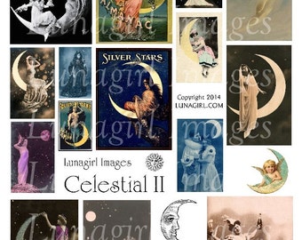 CELESTIAL MOON digitale collage blad, Victoriaanse dames vrouwen, ephemera ansichtkaarten halve maan foto's, gewijzigde kunst vintage afbeeldingen DOWNLOADEN