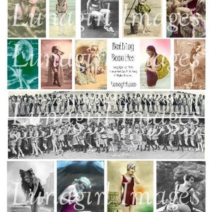 Könnte beinhalten: Eine Collage aus Vintage-Postkarten mit Frauen in Badeanzügen und Badebekleidung. Die Bilder sind in verschiedenen Stilen, darunter Schwarz-Weiß und Sepia-Töne, mit einigen Kolorierungen. Der Text "Bathing Beauties" und "Lunagirl.com" ist sichtbar.