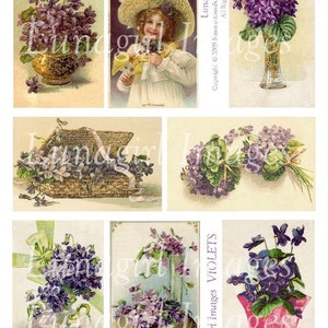 VIOLETS digital collage sheet, Victorian purple flowers, lavender floral vintage images art cards, bouquets baskets spring ephemera DOWNLOAD