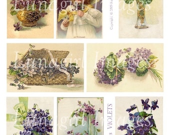 VIOLETS digital collage sheet, Victorian purple flowers, lavender floral vintage images art cards, bouquets baskets spring ephemera DOWNLOAD