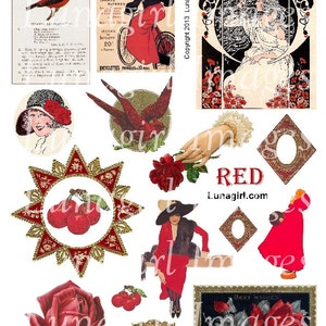 Puede incluir: Un collage de imágenes vintage con temática roja. Incluye una ilustración de un pájaro, una mujer en bicicleta, arte floral, una mujer con un vestido rojo y una rosa. Se muestra la palabra "RED".