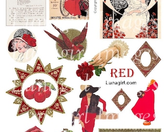 VINTAGE RED digital collage sheet, Victorian Edwardian women roses birds flappers girls cherries frames images altered art ephemera DOWNLOAD