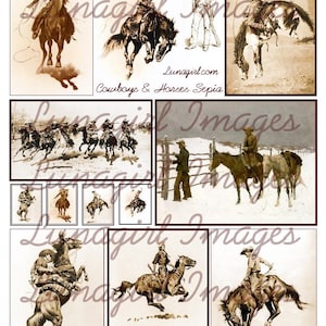 Vintage COWBOYS on HORSES, digital collage sheet, Antique Art pictures American Western Rodeo Broncos images, Sepia Brown, Ephemera DOWNLOAD