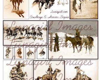 May include: Sepia-toned artwork featuring cowboys and horses in various action poses. The images depict cowboys riding, roping, and interacting with horses. The text "Cowboys & Horses Sepia" and "Copyright 2014 Lunagirl Images" are visible.