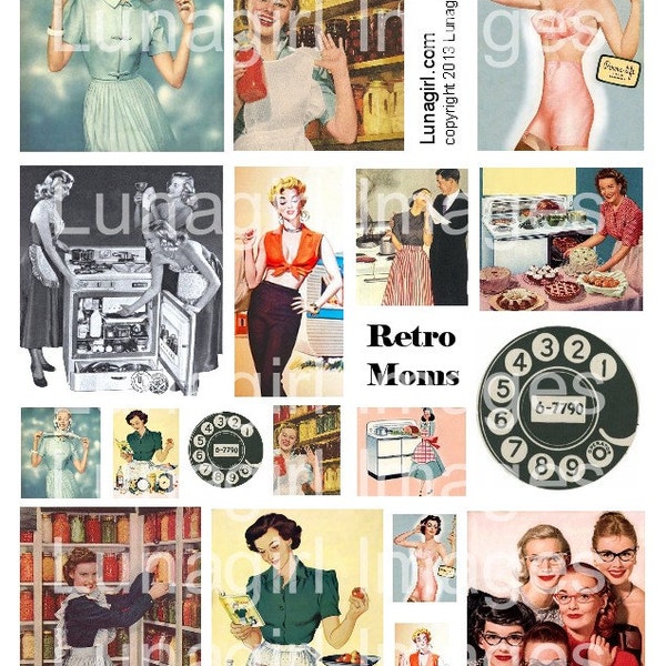 RETRO MOMS 1950s housewives digital collage sheet vintage images kitsch women housework Mid-Century advertising art kitchen Fifties DOWNLOAD