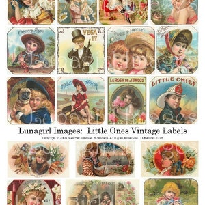 May include: A selection of vintage labels with illustrations of children in various scenes. The labels feature children with pets, flowers, and historical clothing. The color scheme uses soft pastels and sepia tones, creating a nostalgic atmosphere.