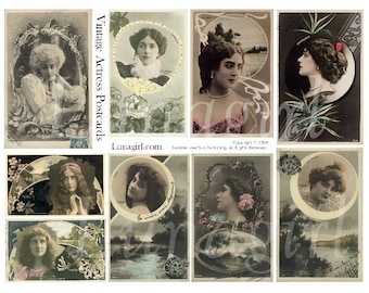 VINTAGE ACTRESSES digital collage sheet, Art Nouveau French postcards, vintage photos, antique Paris images, women ladies, Ephemera DOWNLOAD