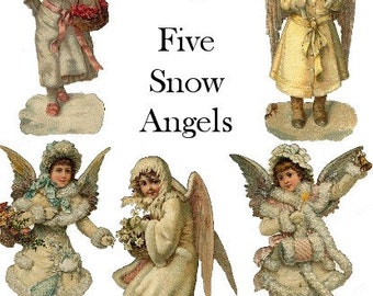 May include: A vintage illustration featuring five snow angels. Each angel is depicted in a winter outfit with wings, standing on a snow-covered base. The image includes the text "Lunagirl Images Five Snow Angels."