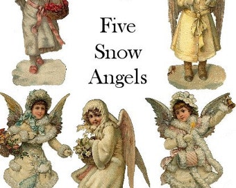 SNOW ANGELS DOWNLOAD vintage images, Victorian Christmas, angelic girls children holidays cards, antique winter ephemera printables die-cuts