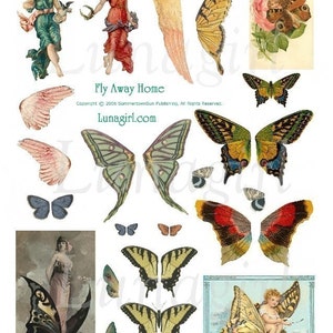 Vintage BUTTERFLY WINGS digital collage sheet Fly Away Home, Butterflies Fairy girls, altered art fairies wings, printable ephemera DOWNLOAD