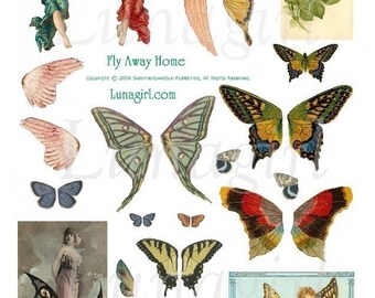 Vintage BUTTERFLY WINGS digital collage sheet Fly Away Home, Butterflies Fairy girls, altered art fairies wings, printable ephemera DOWNLOAD