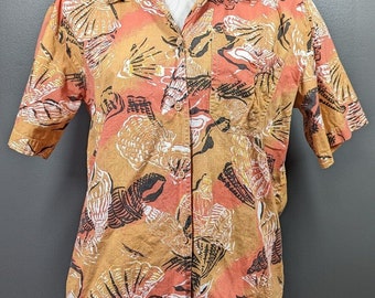 Woman's Vintage 1980s HAWAIIAN SHELL Print Button Up Shirt Ladies Med 80's