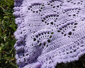 Vintage Handmade Crochet Afghan Baby Blanket Pastel Purple Fan Pattern 36" X 42 "