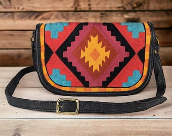 Vintage Black Leather Purse Southwest Native Sunset Crossbody Embroidery Hippy