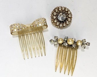 Lot 3 1950’s PCs, 2 Vintage Rhinestone Crystal Lucite Hair Combs 1 Pin Glitter