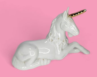 Magical VIntage white porcelain UNICORN figurine with Gold Horn 70's 80's Statue 1980