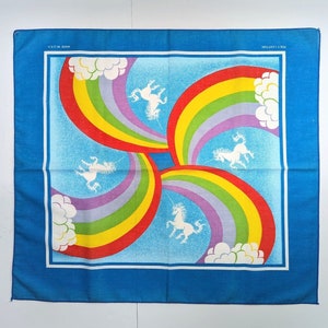 Vintage 80's Wamcraft Bandana Scarf Rainbow Unicorns Clouds Sky Blue USA Pride 1980 image 1