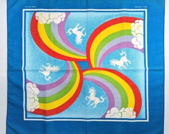 Vintage 80's Wamcraft Bandana Scarf Rainbow Unicorns Clouds Sky Blue USA Pride 1980