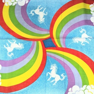 Vintage 80's Wamcraft Bandana Scarf Rainbow Unicorns Clouds Sky Blue USA Pride 1980 image 2