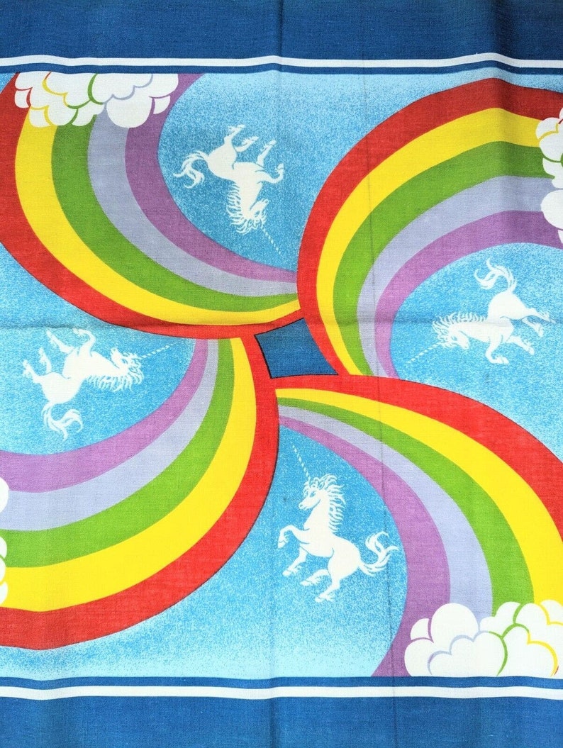 Vintage 80's Wamcraft Bandana Scarf Rainbow Unicorns Clouds Sky Blue USA Pride 1980 image 2