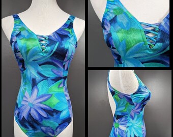 1980's Vintage Bathing Swim Suit JANTZEN Floral Blue And Green One Piece