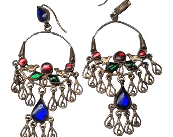 Vintage Boho Gypsy Silver and glass Tribal earrings with Brid