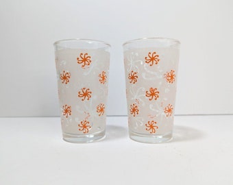 Pair 2 MCM 1950's Atomic Orange Pinwheel Juice Glasses Vintage Retro Mid Century