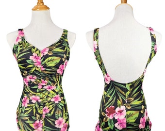 80's Vintage Paradise Bay Hawaiian Floral One Piece Bathing Suit size MED 14