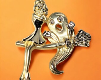 Vintage AJC Halloween Witch And Ghost Gold tone Broach Pin SIGNED Pinup Sexy Witch