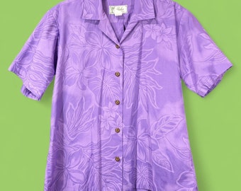 Ladies Vintage 90's HAWAIIAN SHIRT Purple Tropical TIKI Coconut Buttons