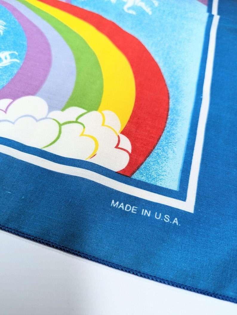 Vintage 80's Wamcraft Bandana Scarf Rainbow Unicorns Clouds Sky Blue USA Pride 1980 image 4