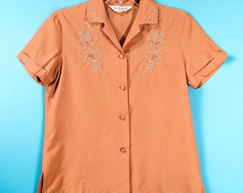 Vintage SILK SHIRT 1960s Daffodil Chinese Hand Embroidery Rust Color Rockabilly