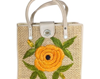 Vintage 60’s "Bags by Patricia" Florida Beach Kitsch Raffia Straw Floral Tote Purse SO MIAMI