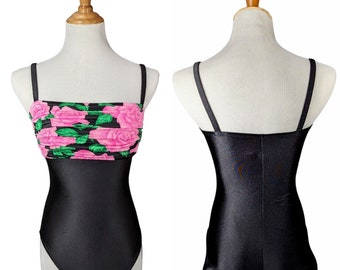 80's Vintage La Blanca Swimsuit One Piece Bathing Suit Black Pink Roses Sz 12