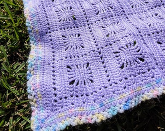 Vintage Handmade Crochet Afghan Baby Blanket Throw Pastel Purple 36" X 36 " Square