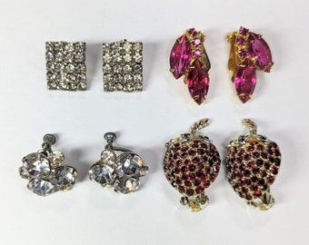 Lot of 4 Pair Vintage Rhinestone Earrings Strawberry Fuchsia Pierced & Clip on