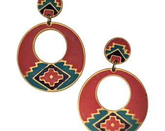 Vintage 1980's Southwestern Native American Desert Dangle Boho Earrings Enamel Goldtone