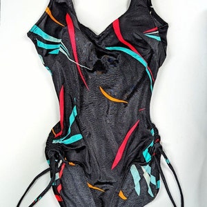 70's Vintage Rose Marie Reid Bathing Suit One piece Black Pink Aqua SZ 12 SM image 6