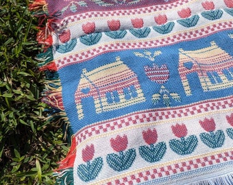 Vintage 90s Tapestry Throw Blanket LOVE HOME ABC Mauve Blue 1990s House Hearts