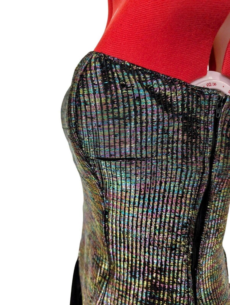 Vintage 1980s Strapless Prom Party Dress Black Colorful Metallic Top MADE USA image 10