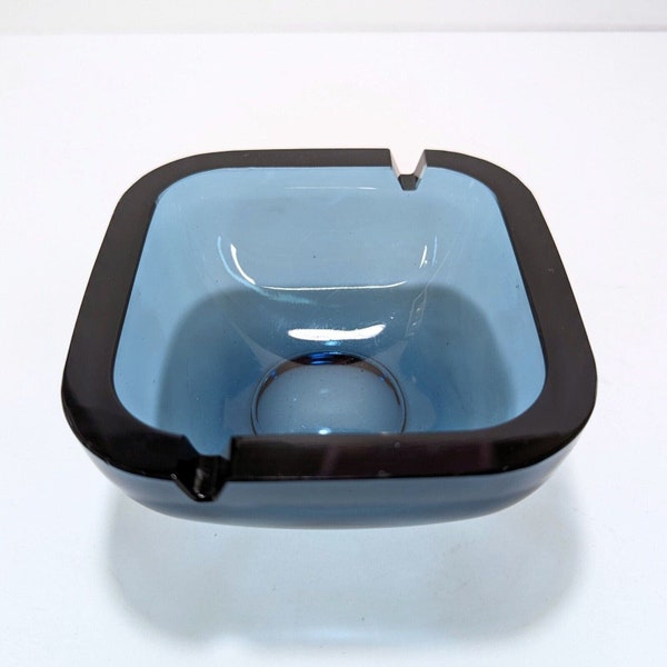 Vintage MCM Cut Glass Ashtray Navy Blue Modern Minimal 4" Small Personal Retro 1950's 1960s