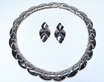 Vintage Choker Necklace And Earrings Set Diamond Snake Chain Silvertone Metal