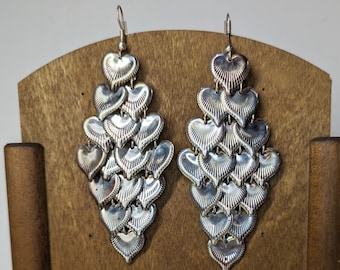 Vintage 1980's Boho Silvertone Cascading Heart Duster Earrings