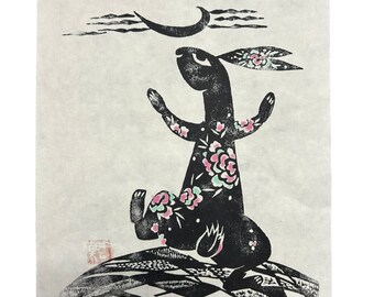 Gazing at the Moon - Original Woodcut painting