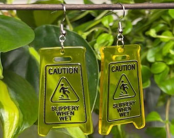Caution || SLIPPERY WHEN WET Earrings || Unique Earrings || Plastic Earrings || Seethrough Earrings || Funny Earrings