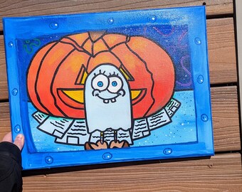 The Haunted Mattress Painting, Abstract Wall Art, Halloween Canvas Painting, SpongeBob, Bikini Bottom Canvas Painting, Handpainted Acrylic