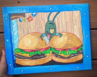 Bun Inspection Painting, Abstract Wall Art, Plankton Canvas Painting, SpongeBob, Bikini Bottom Canvas Painting, Handpainted Acrylic