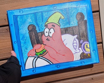 3AM Patrick Painting, Abstract Wall Art, Patrick Star Canvas Painting, SpongeBob, Bikini Bottom Canvas Painting, Handpainted Acrylic