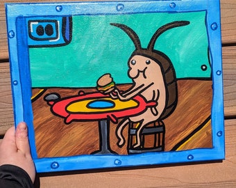 Bug Eating Painting, Abstract Wall Art, Krusty Krab Canvas Painting, SpongeBob, Bikini Bottom Canvas Painting, Handpainted Acrylic, Wumbolog